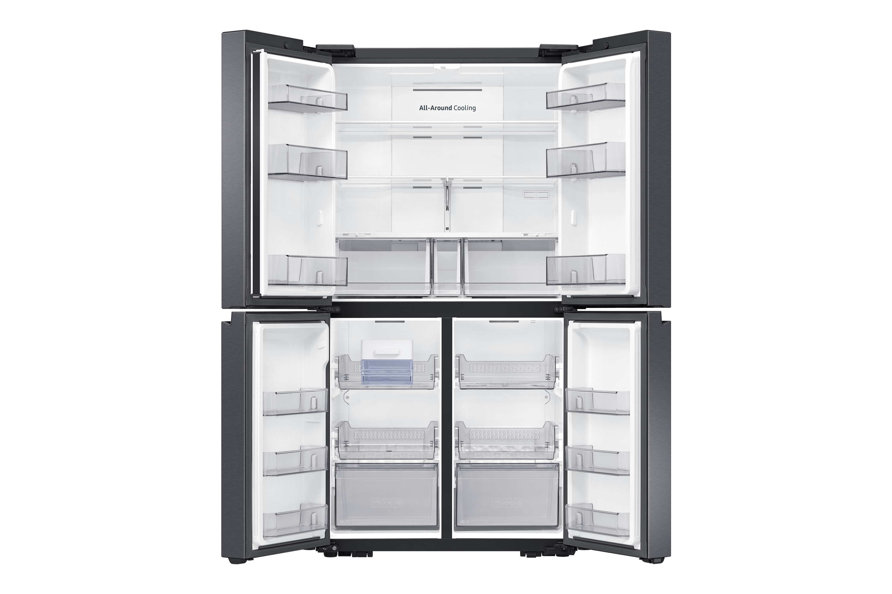 Refrigerador gris oscuro con puertas abiertas, que muestra estantes y cajones. El interior es blanco.