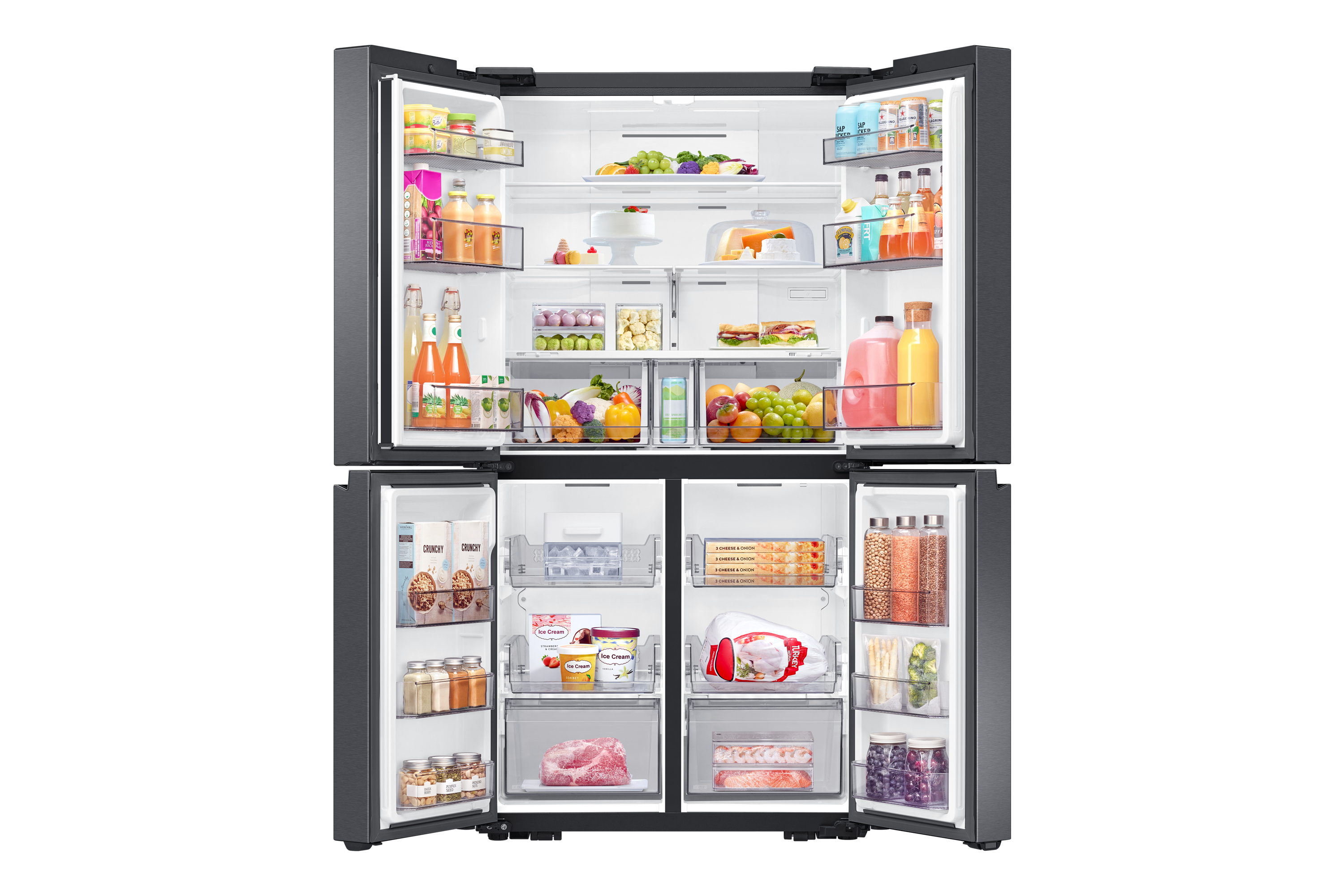 Un refrigerador moderno con puertas abiertas, que muestra varios alimentos como frutas, verduras, bebidas, helados y congelados.