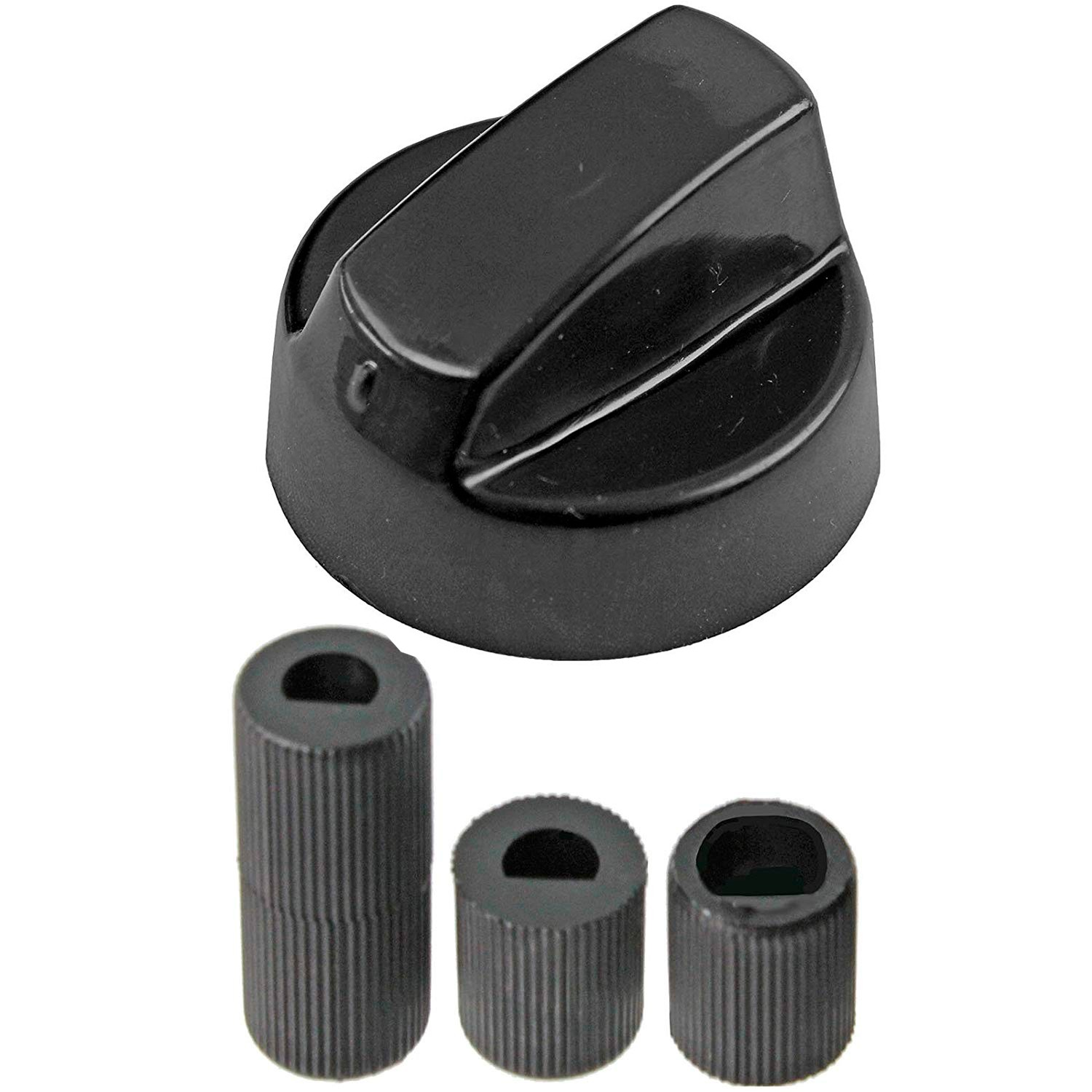 Perilla de plástico negro y tres piezas cilíndricas. La perilla tiene una base redondeada y una parte superior puntiaguda. Los cilindros son acanalados.