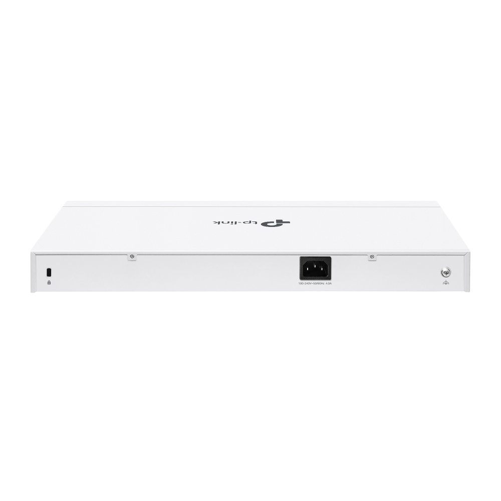 Switch di rete TP-Link bianco. Vista posteriore con porta di alimentazione, pulsante di accensione e altre porte. Logo sopra.