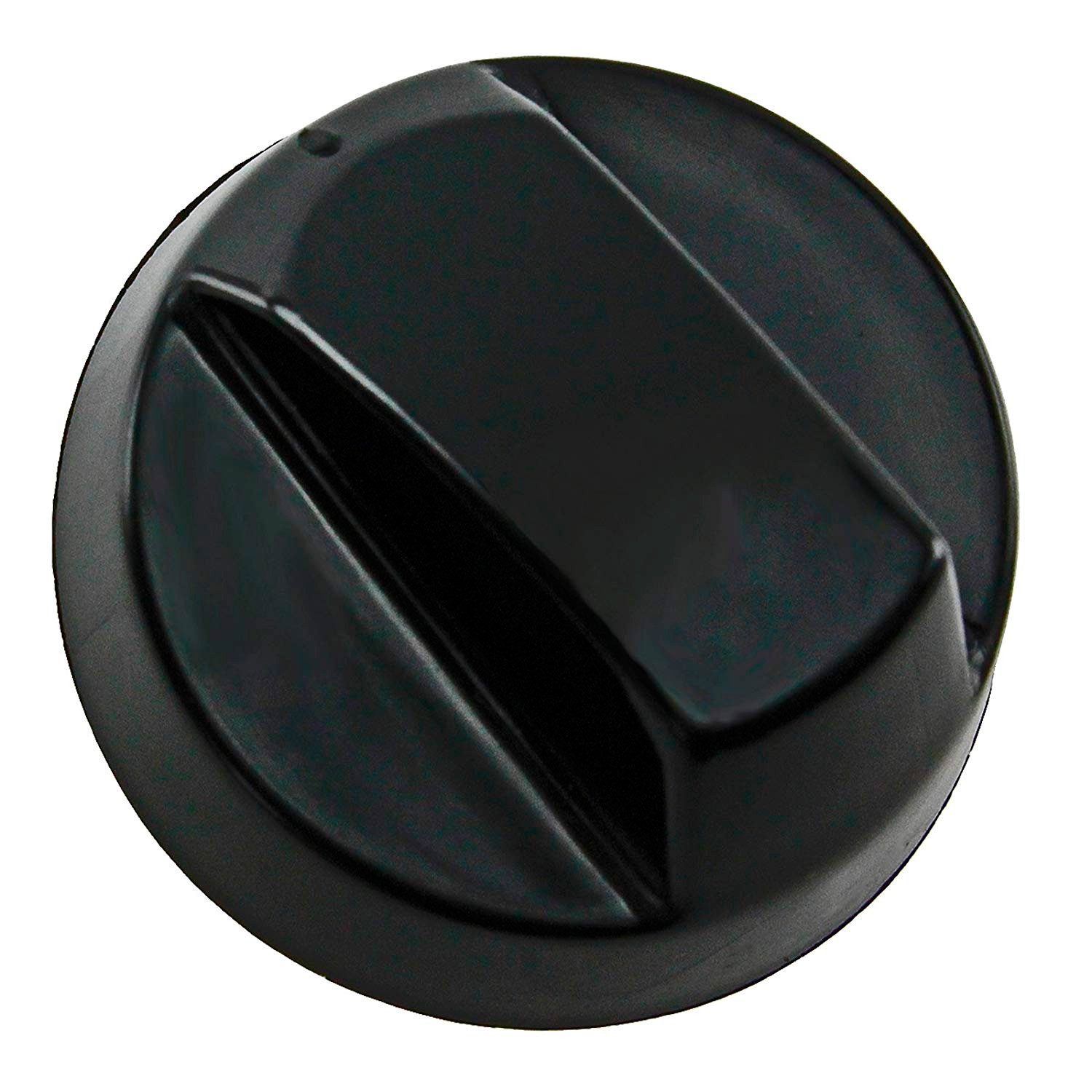 Primer plano de una tapa de plástico negra y circular. Tiene un diseño elevado con superficies anguladas y una pequeña hendidura redonda en la parte superior.