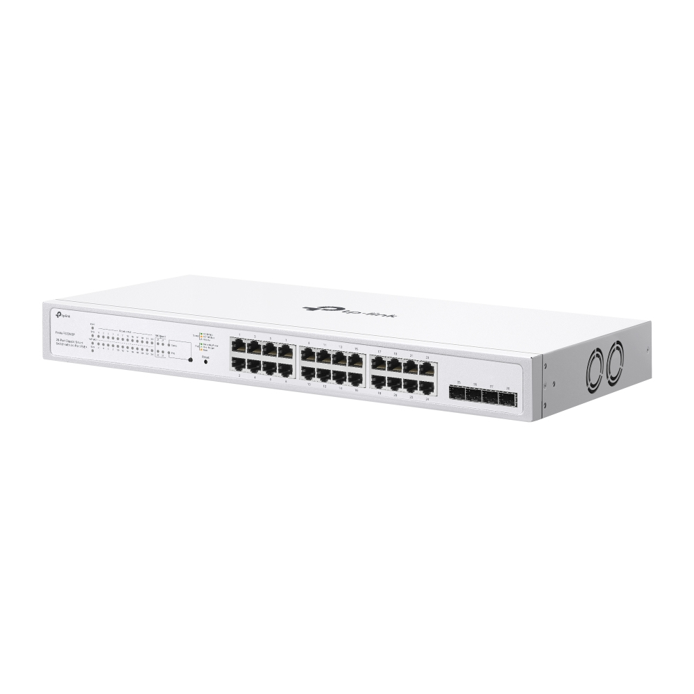 Uno switch di rete TP-Link bianco con più porte. Ha un pulsante di accensione e una fila di porte numerate.
