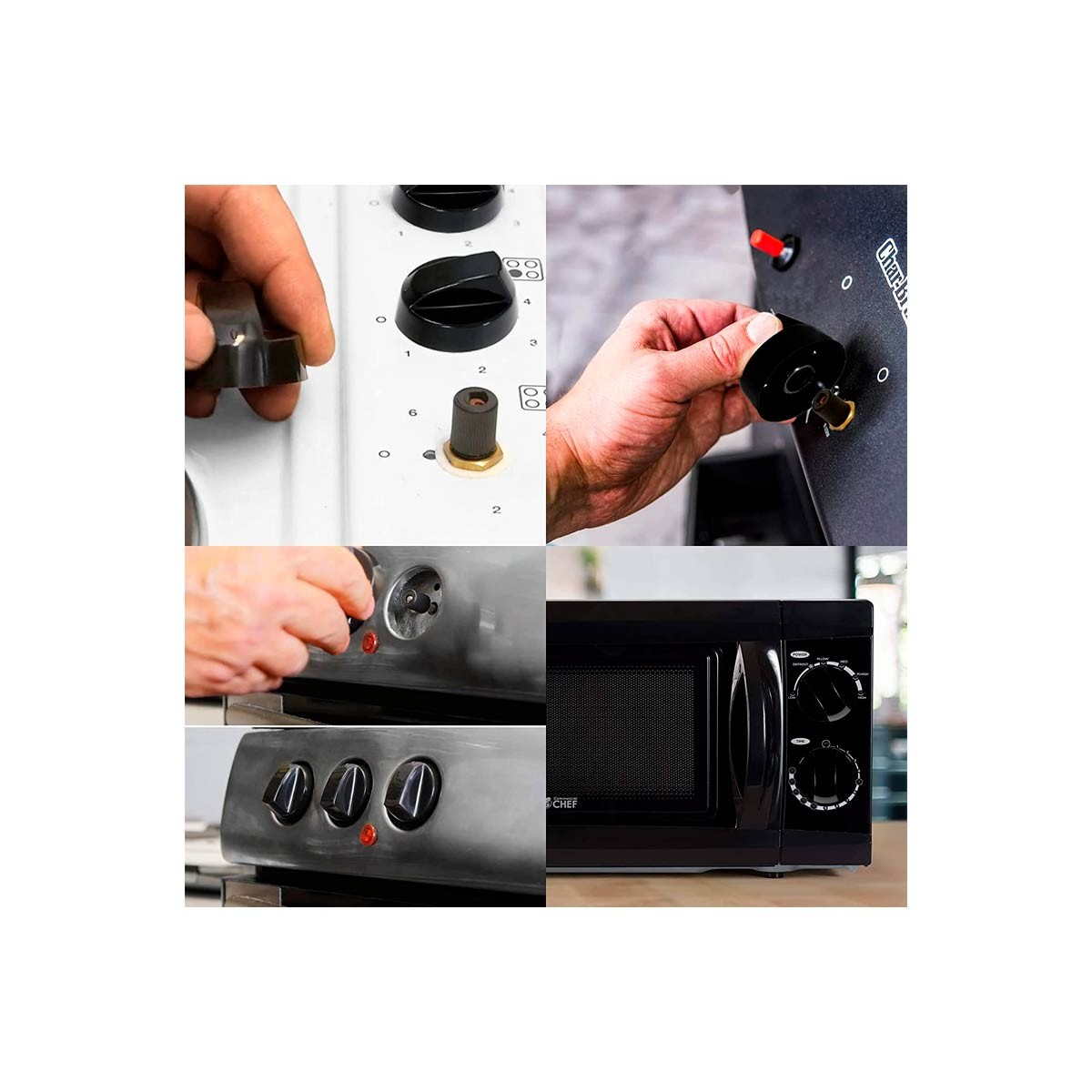 La imagen muestra primeros planos de perillas de electrodomésticos, incluyendo una estufa y un microondas. Manos ajustando las perillas. El microondas es negro.