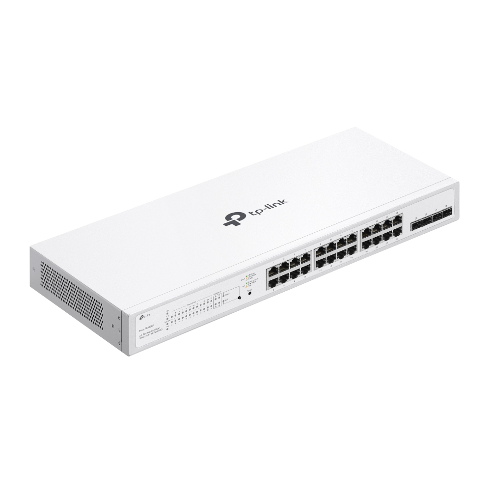 È mostrato uno switch di rete TP-Link bianco. Ha più porte e spie luminose. Il logo TP-Link è visibile.