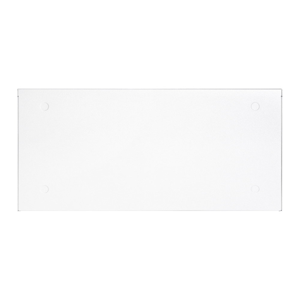 Un oggetto rettangolare bianco con angoli arrotondati e quattro piccole rientranze circolari. È su sfondo bianco.