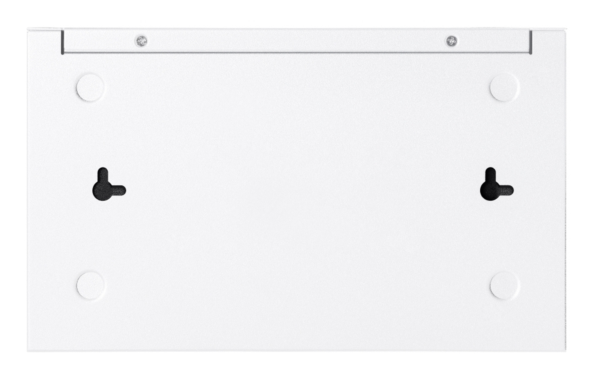 Biały metalowy panel z dwiema śrubami na górze, czterema okrągłymi wklęsłościami i dwoma czarnymi otworami na klucz.