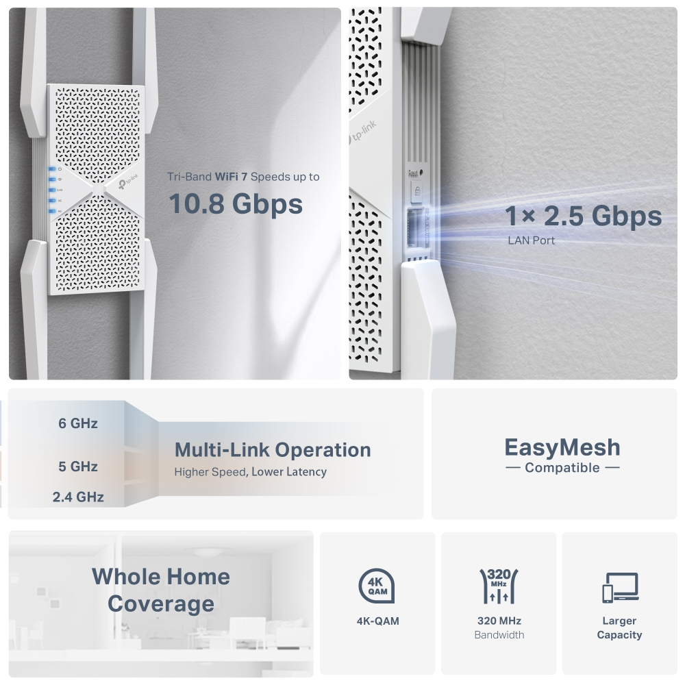 Weißer TP-Link WiFi 7 Router. Merkmale: Geschwindigkeiten bis zu 10,8 Gbit/s, 2,5 Gbit/s LAN-Port und EasyMesh-Kompatibilität.