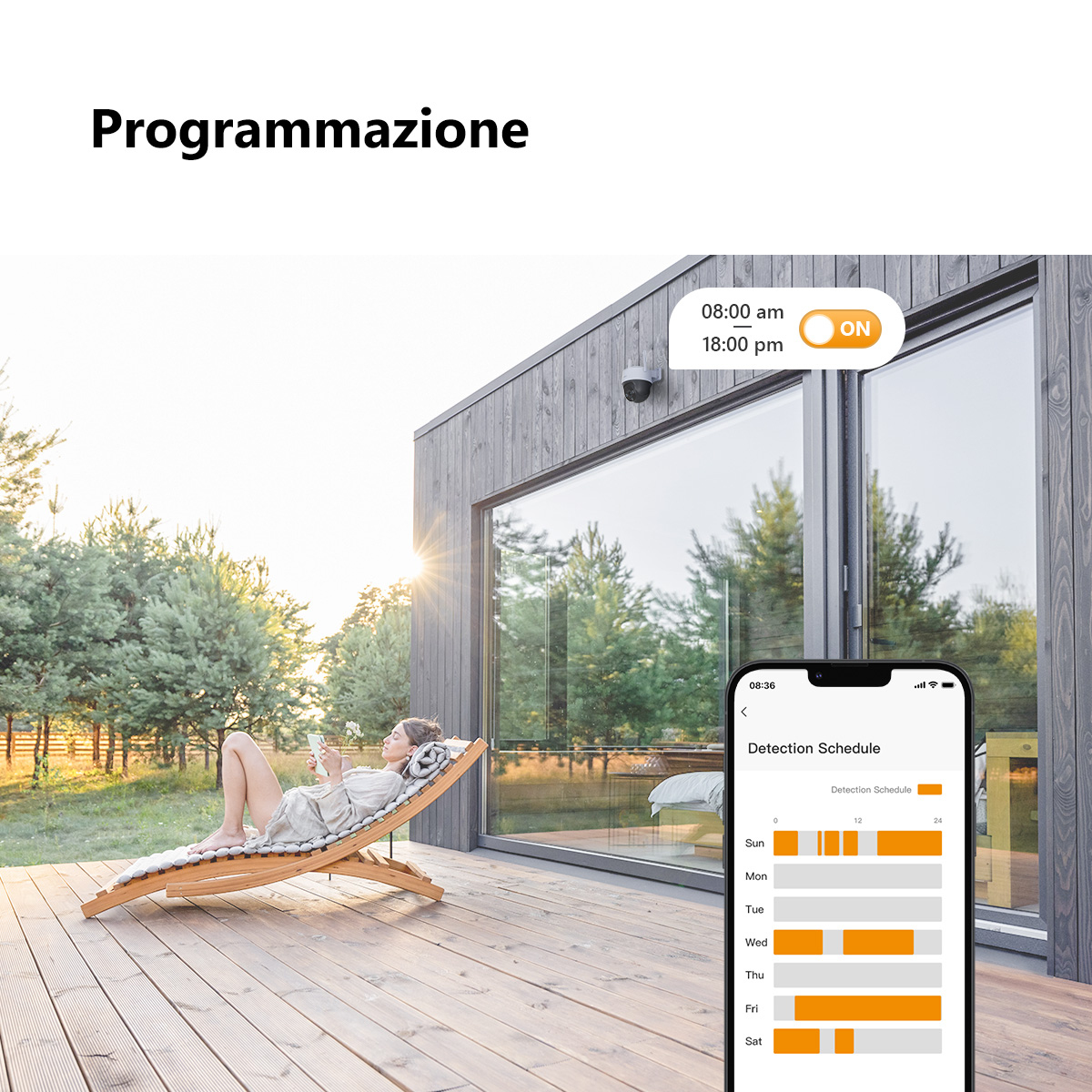 Kobieta odpoczywa na leżaku, używając tabletu. Ekran telefonu pokazuje harmonogram detekcji. Nowoczesny dom w tle.