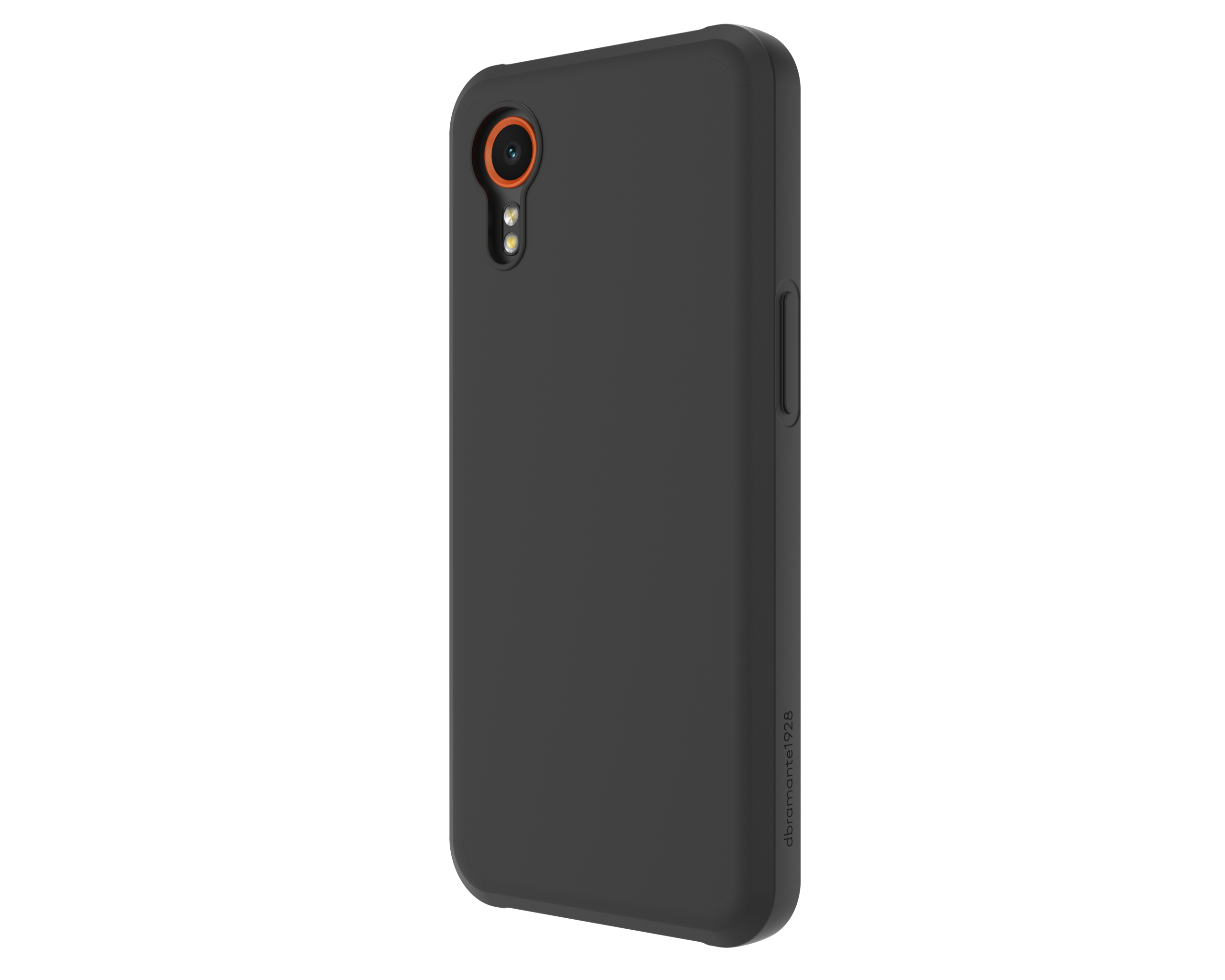 Viene mostrata una custodia per telefono grigio scuro. La custodia ha un ritaglio per la fotocamera con un anello arancione. Lo sfondo è bianco.