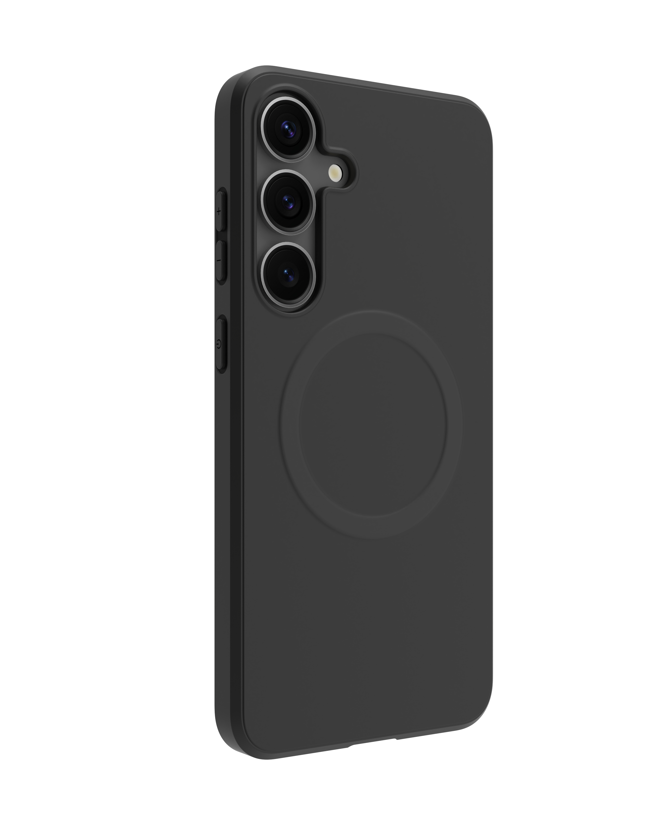 Una custodia nera per telefono. Ha tre lenti per la fotocamera e un design circolare sul retro. I pulsanti sono sul lato.