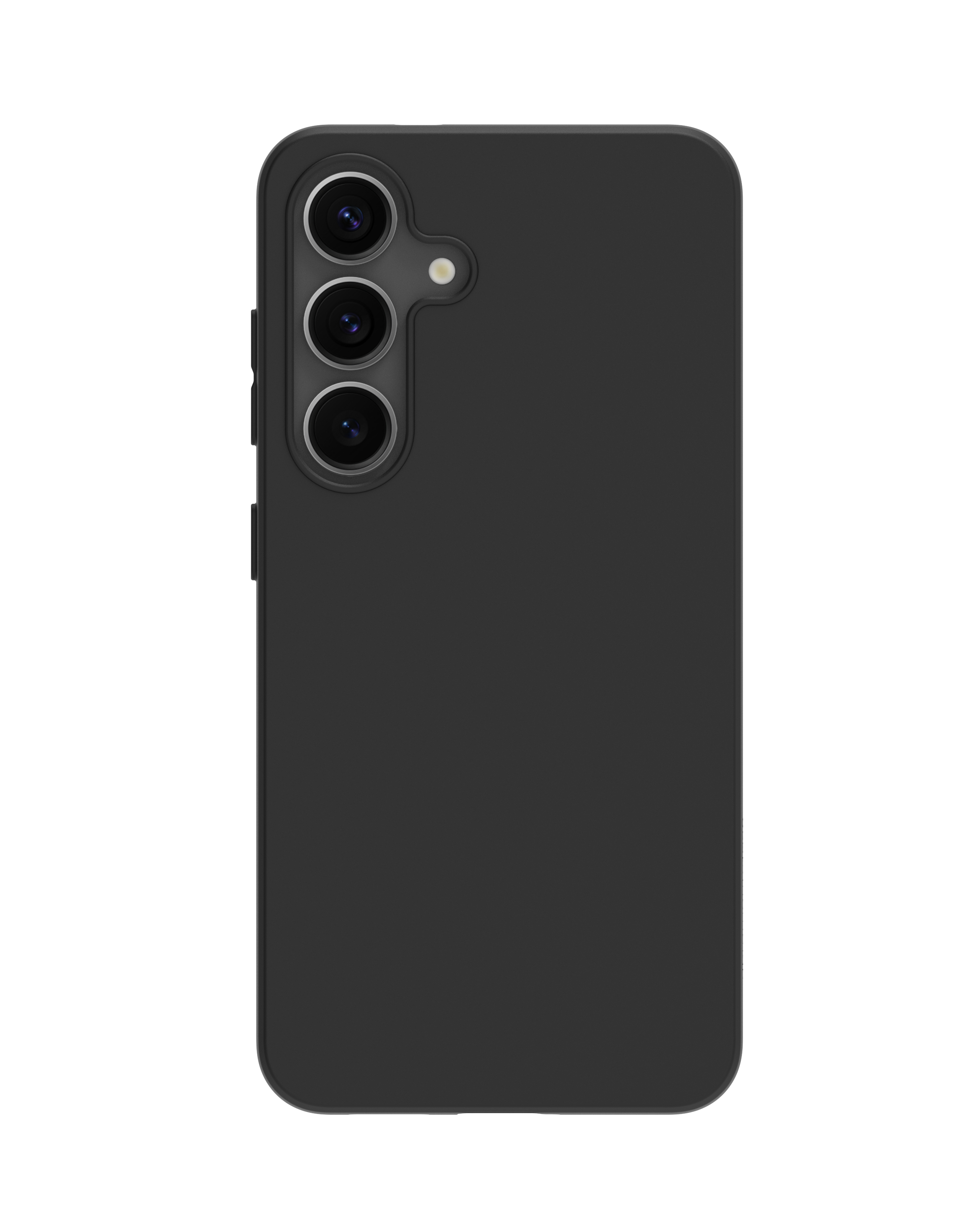 Custodia nera con lenti della fotocamera su sfondo bianco.