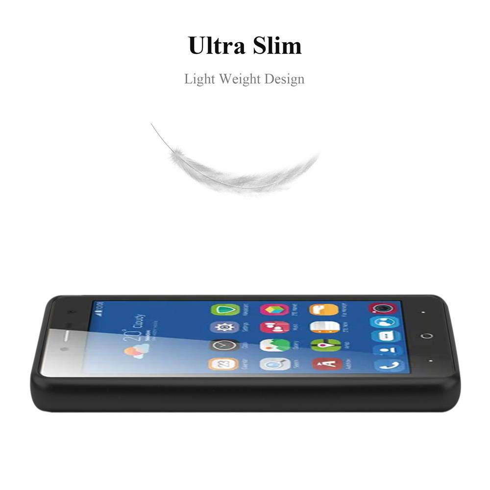 Ein schwarzes Smartphone mit blauem Bildschirm, der Symbole anzeigt. Oben steht 'Ultra Slim' und 'Light Weight Design'. Eine Feder schwebt darüber.