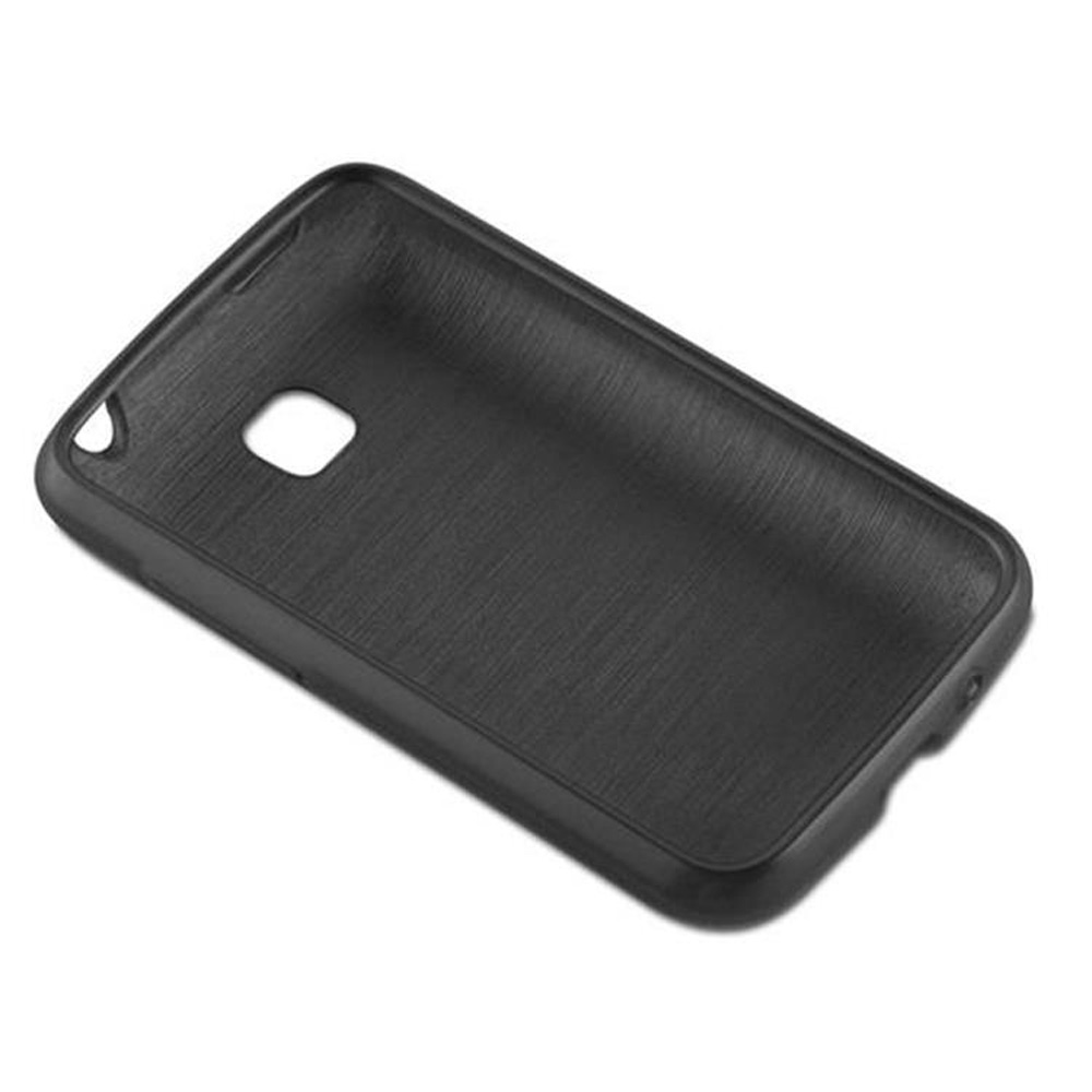 Una custodia nera per telefono con superficie strutturata. Ha un ritaglio per la fotocamera e un foro per un cordino. Lo sfondo è bianco.