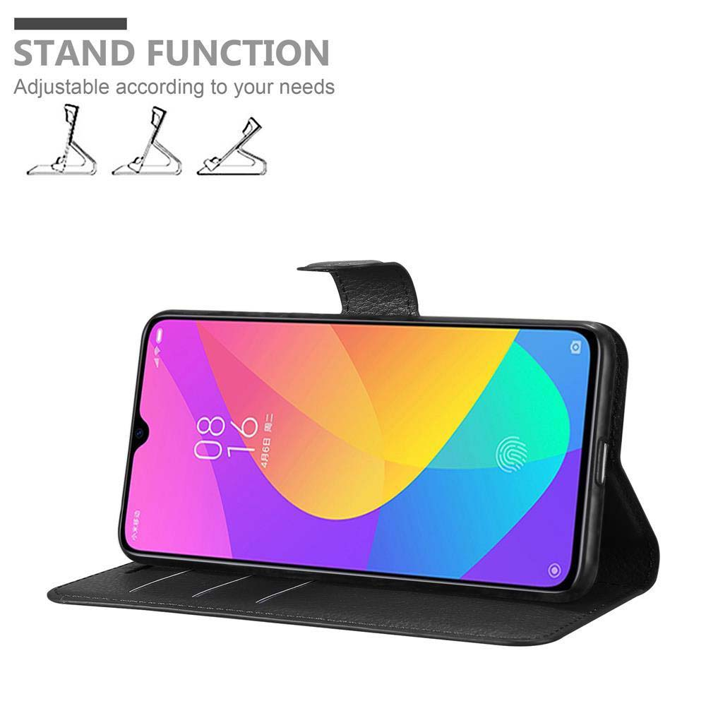 Un telefono in una custodia nera è mostrato aperto. Lo schermo mostra uno sfondo colorato con l'ora. La custodia ha una funzione di supporto.