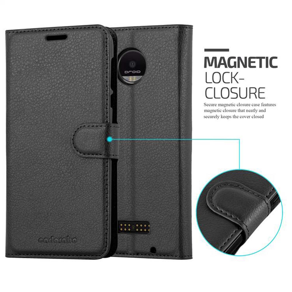 Custodia per telefono in pelle nera con chiusura magnetica. La custodia è aperta, mostrando il retro del telefono e la fodera interna.