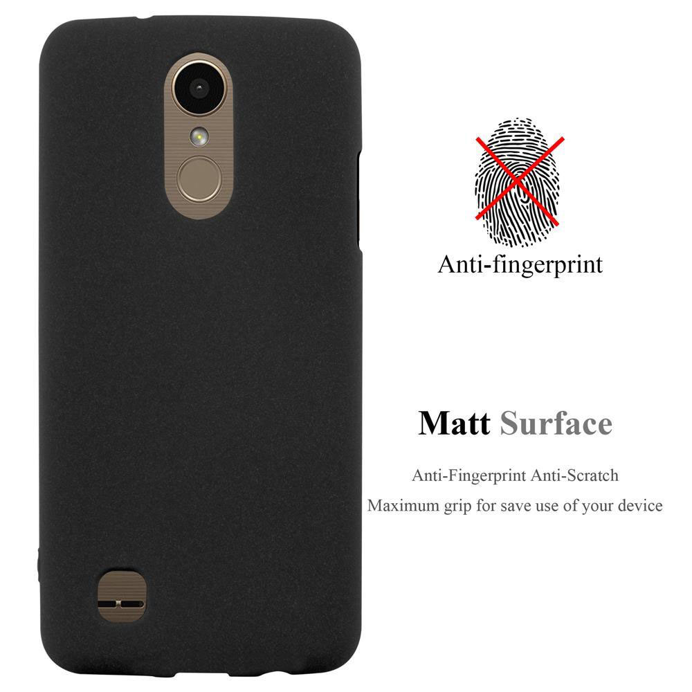 Funda de teléfono negra con contorno de teléfono, texto anti-huellas y superficie mate, e icono de huella dactilar.