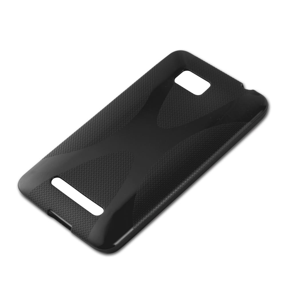 Una custodia nera per telefono con superficie strutturata e ritagli per fotocamera e altre funzioni, isolata su sfondo bianco.