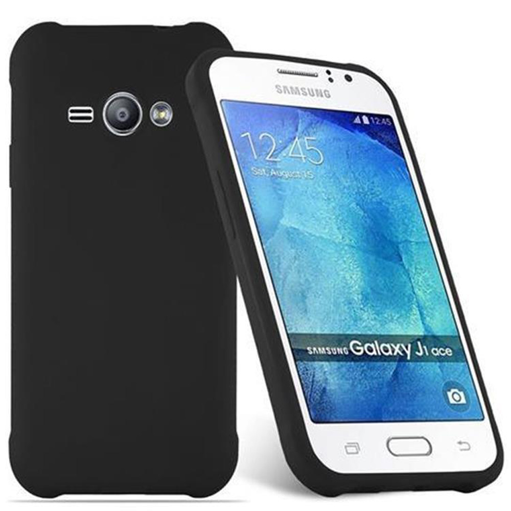 Zwei schwarze Smartphones mit Hüllen. Eines zeigt das Display mit der Uhrzeit, das andere die Rückseite mit der Kamera.