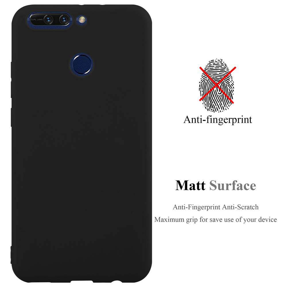 Custodia nera per telefono con doppia fotocamera. Testo: Anti-impronta, Superficie opaca, Antigraffio, Massima presa.