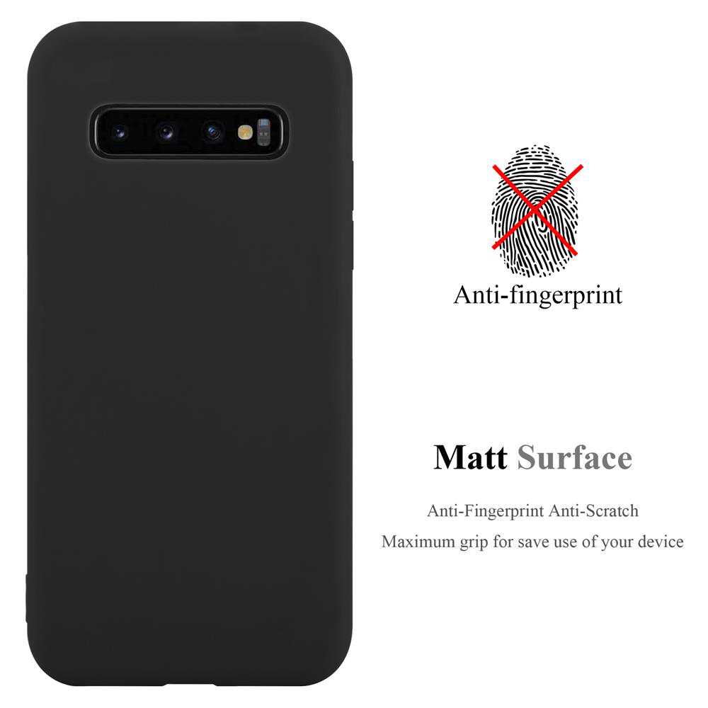 Eine schwarze Handyhülle mit Kameraausschnitt. Text weist auf Anti-Fingerabdruck und matte Oberfläche hin. Fingerabdruck-Icon mit rotem Kreuz.