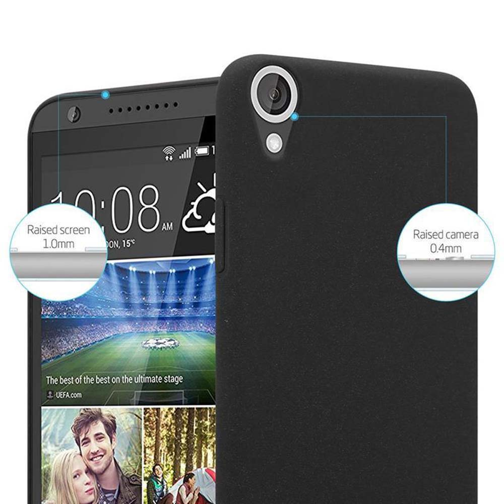 Ein Smartphone mit schwarzem Gehäuse. Der Bildschirm zeigt die Uhrzeit und ein Werbebild. Kamera und Bildschirm sind leicht erhöht.