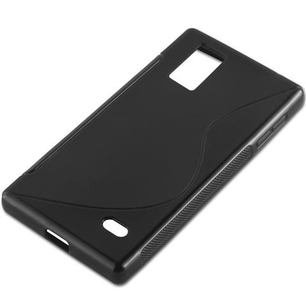 Una custodia nera per telefono con superficie liscia, design curvo e aperture per fotocamera e pulsanti, su sfondo bianco.