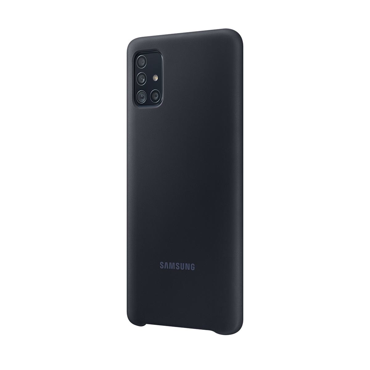 Una custodia per telefono blu scuro. Ha un rigonfiamento della fotocamera con quattro lenti. Il logo Samsung è in basso.