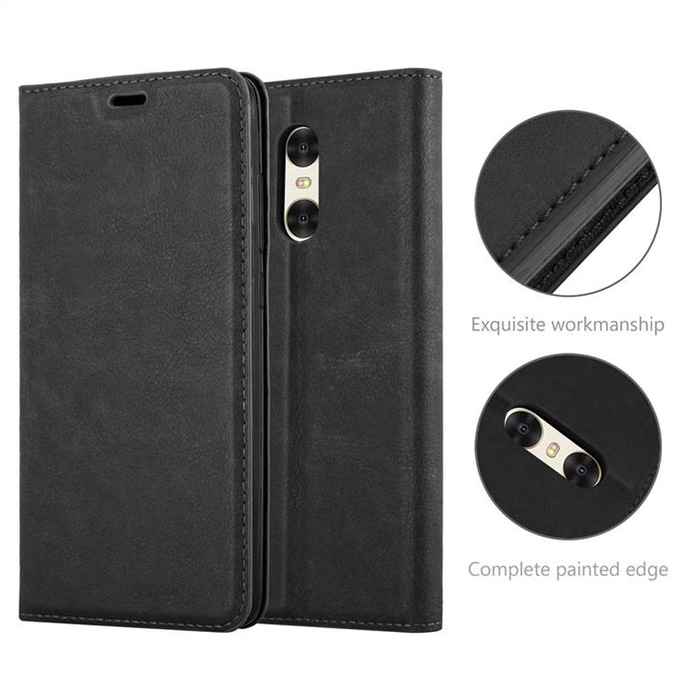 Schwarze Leder-Handyhülle mit Telefon und Details zur Hülle.