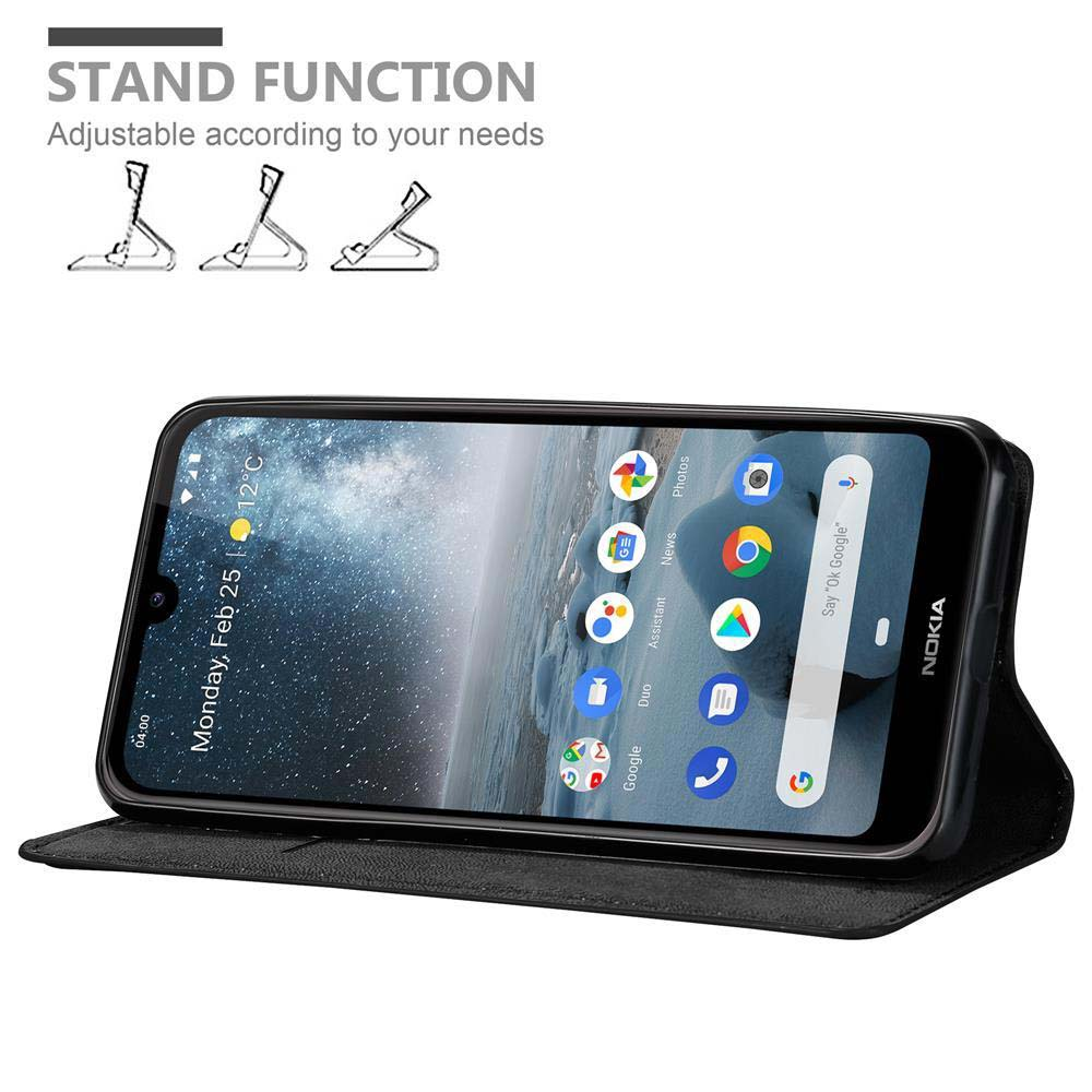 Un telefono Nokia in una custodia nera è aperto, mostrando lo schermo con icone di app. Sopra, il testo recita 'Stand Function'.