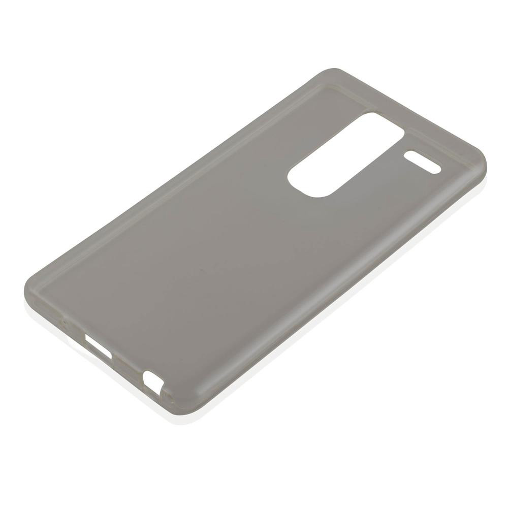 Una custodia grigia per telefono con un ritaglio per la fotocamera e fori laterali, su una superficie bianca.