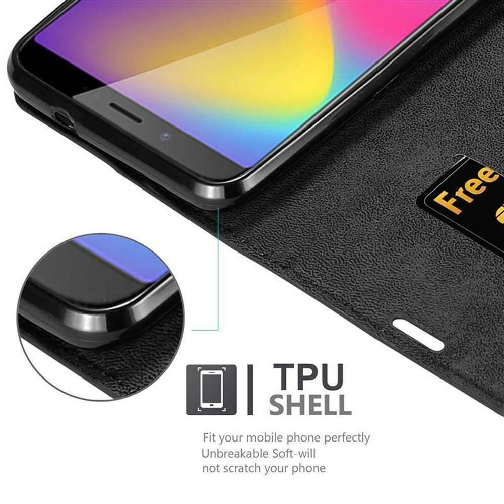 Eine Handyhülle mit einem Telefon darin. Die Hülle ist schwarz und hat das Wort "Free" darauf. Es gibt ein TPU SHELL-Logo.