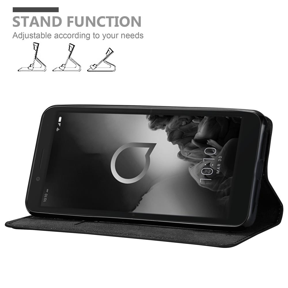 Un telefono in una custodia. Lo schermo mostra un logo. Il testo in alto recita 'Funzione stand'. Sono visibili anche tre icone stand.