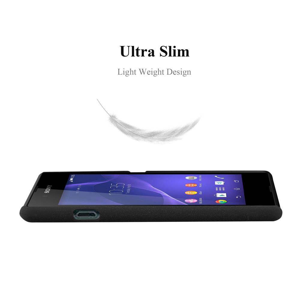 Ein schwarzes Sony-Smartphone liegt auf einer weißen Oberfläche. Der Bildschirm zeigt Symbole. Darüber steht: Ultra Slim, Light Weight Design.