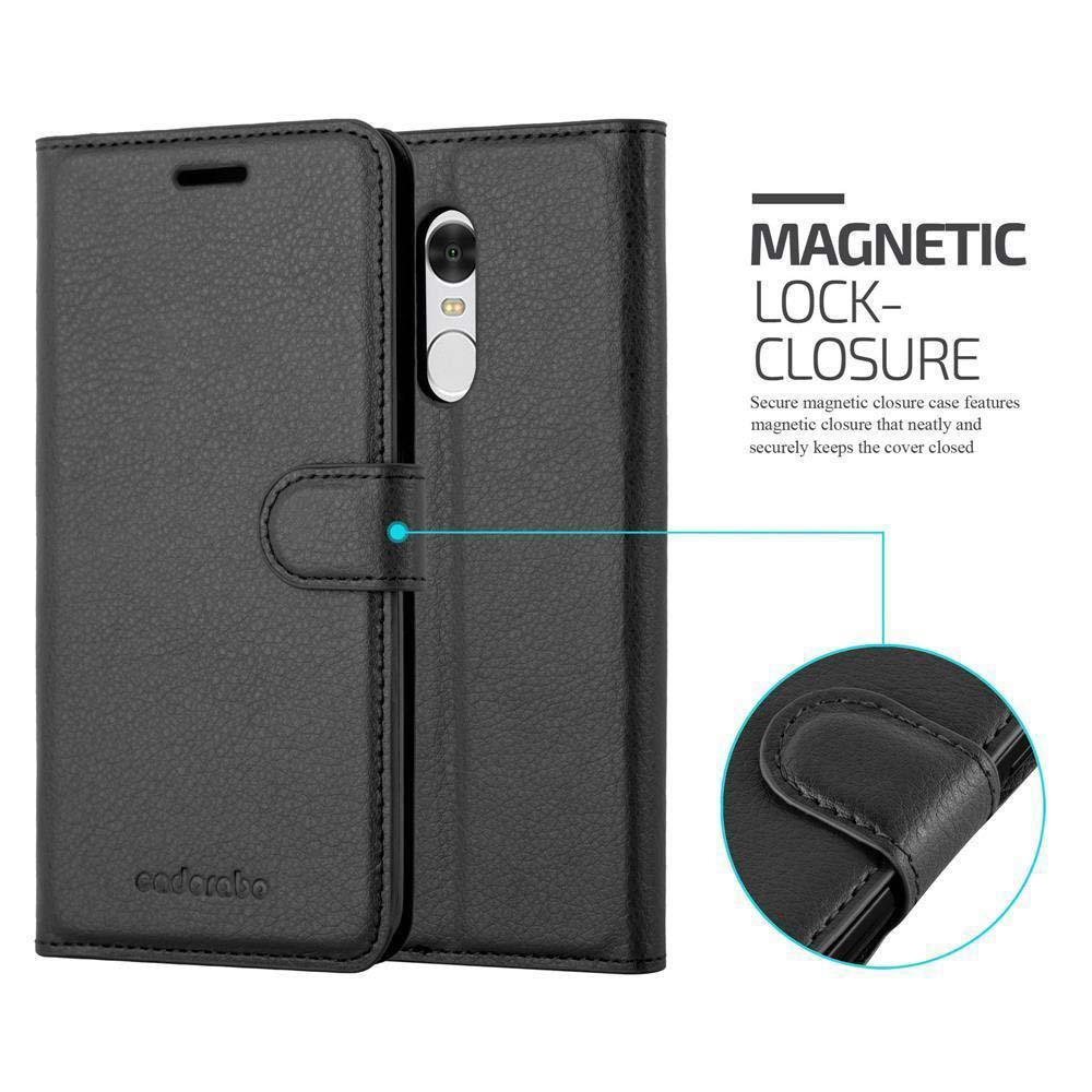 Schwarze Handyhülle mit Magnetverschluss. Enthält den Markennamen cadorabo und den Text MAGNETIC LOCK-CLOSURE.