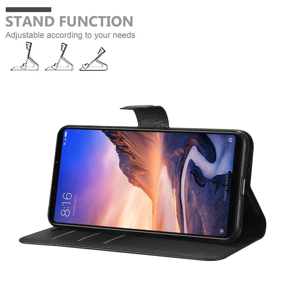 Custodia per telefono nera con telefono che mostra l'ora. Testo e illustrazioni della funzione stand in alto. Il telefono è aperto e in uso.