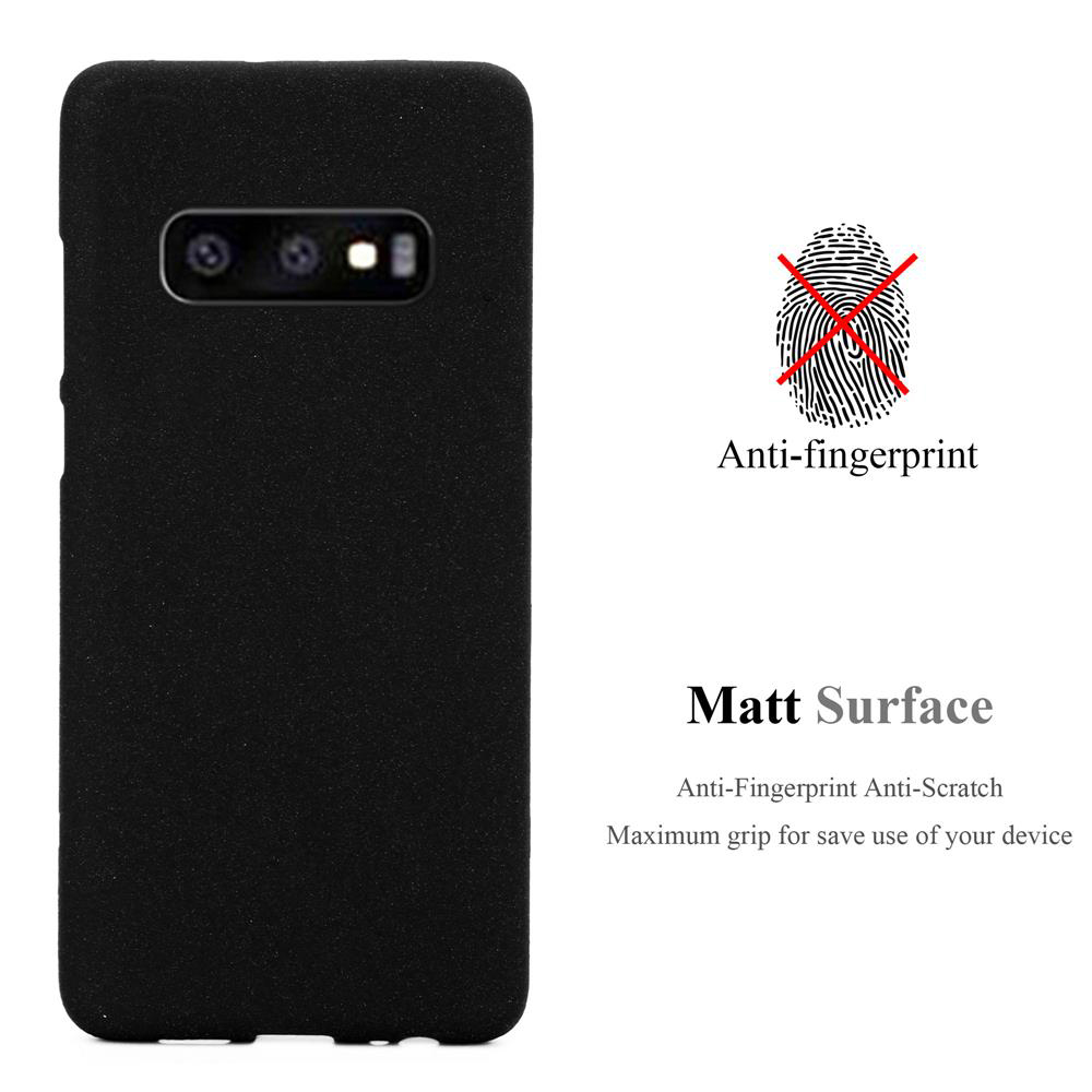 Una custodia nera per telefono con superficie opaca, funzione anti-impronta e simbolo dell'impronta digitale. Il testo menziona antigraffio e presa.