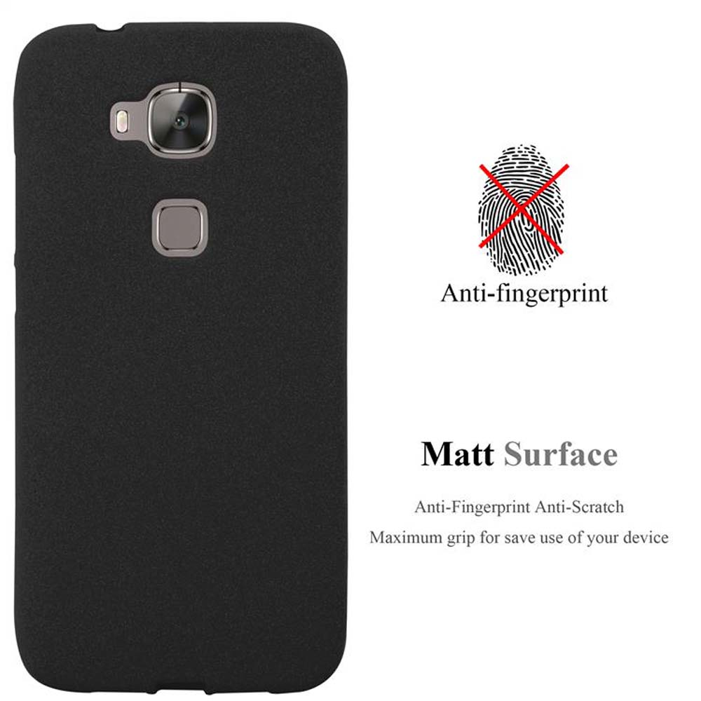 Funda de teléfono negra con cámara y símbolo de huella dactilar tachado. Texto: Anti-huellas, superficie mate, anti-arañazos, agarre máximo.