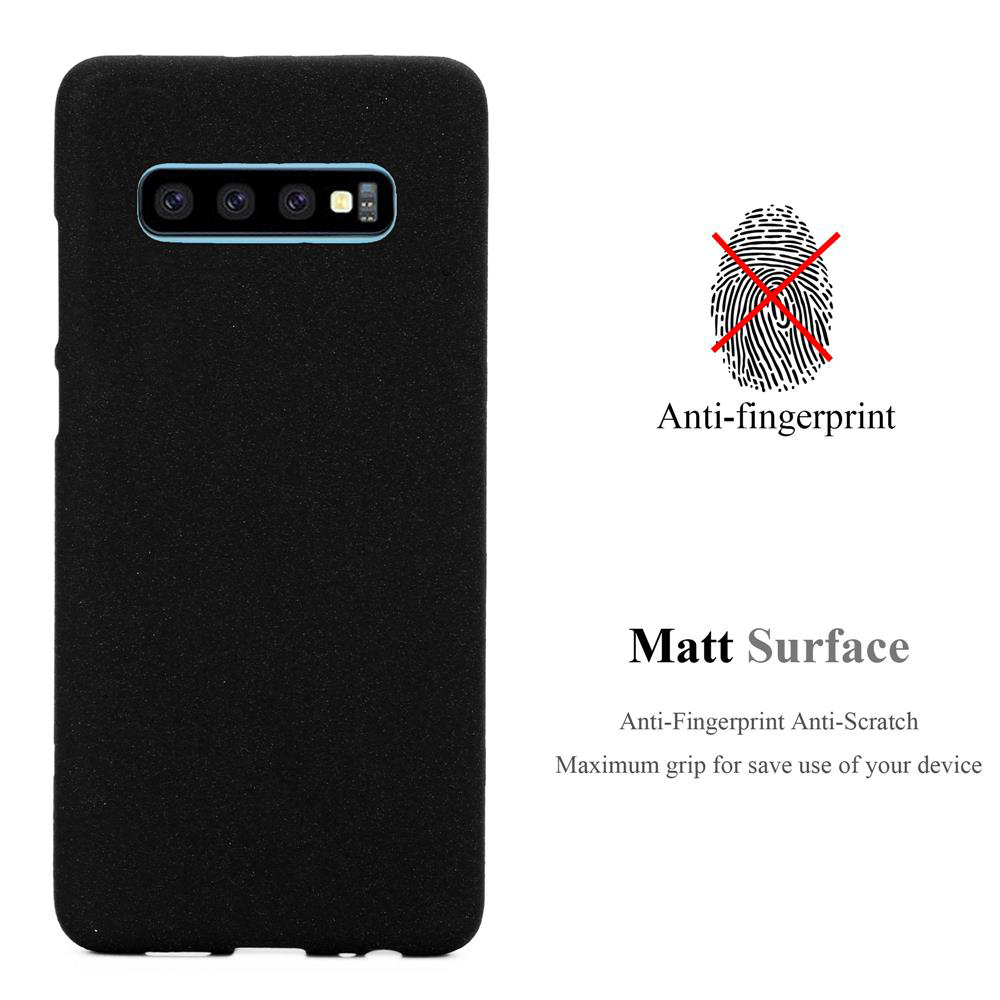 Auf der linken Seite befindet sich eine schwarze Handyhülle mit Kameraausschnitt. Auf der rechten Seite steht Anti-Fingerprint und Matt Surface.