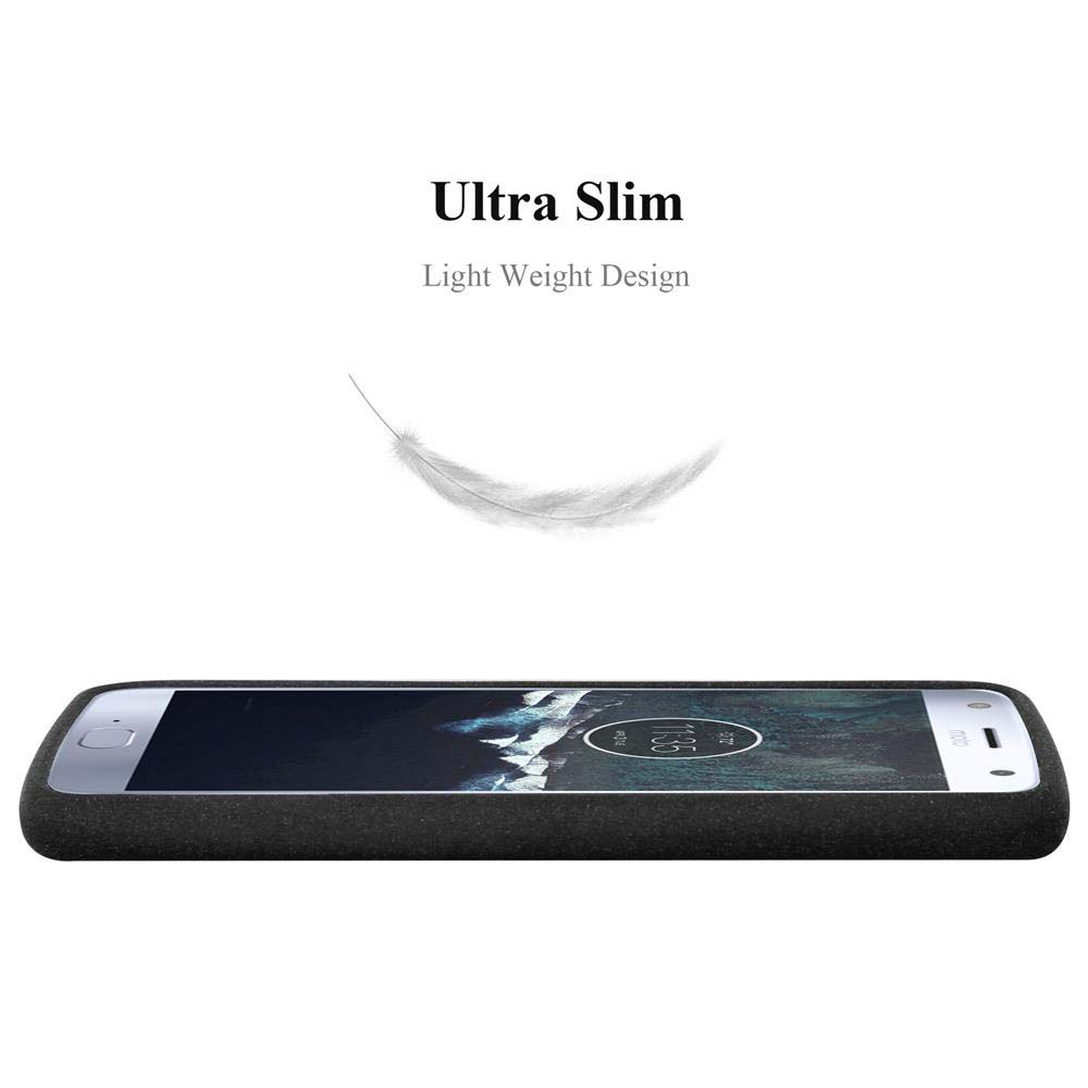 Se muestra un teléfono en una funda negra. Arriba, el texto dice 'Ultra Slim' y 'Light Weight Design'. Una pluma flota sobre el teléfono.