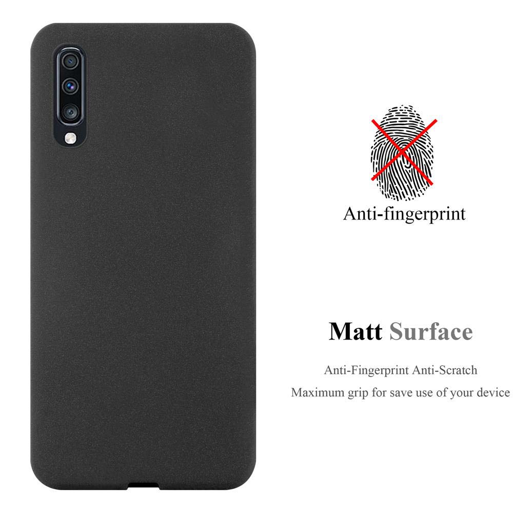 È mostrata una custodia nera per telefono con superficie opaca. Il testo dice anti-impronta e superficie opaca. Icona dell'impronta digitale sbarrata.