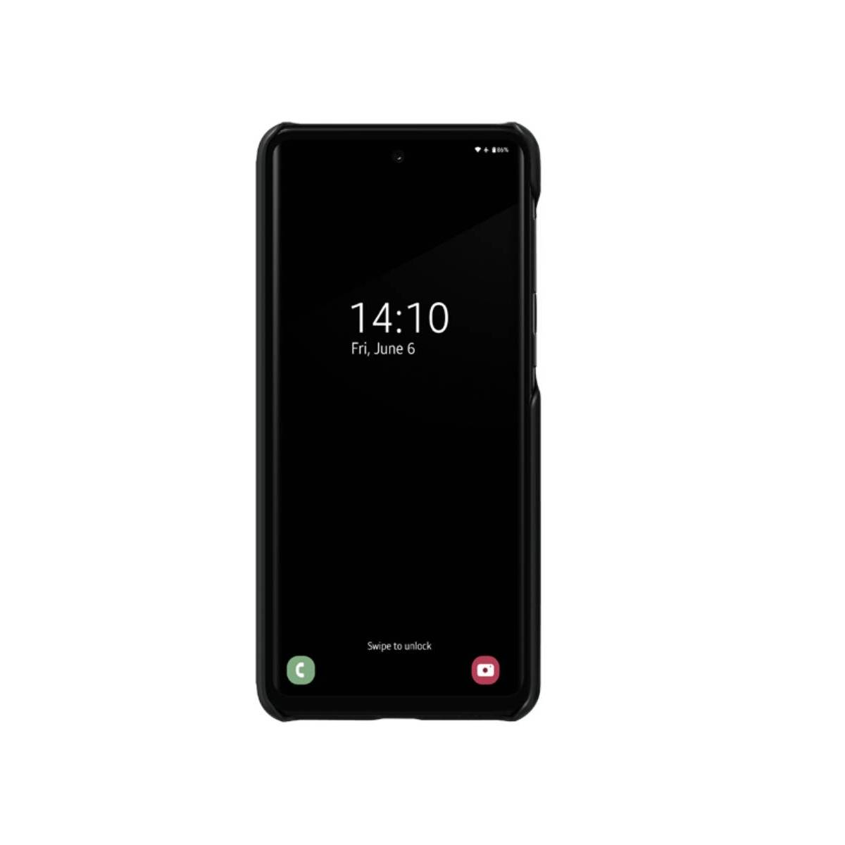 Lo schermo di uno smartphone mostra l'ora 14:10, venerdì 6 giugno. Ha uno schermo nero e una cornice nera. In basso c'è scritto 'Scorri per sbloccare'.