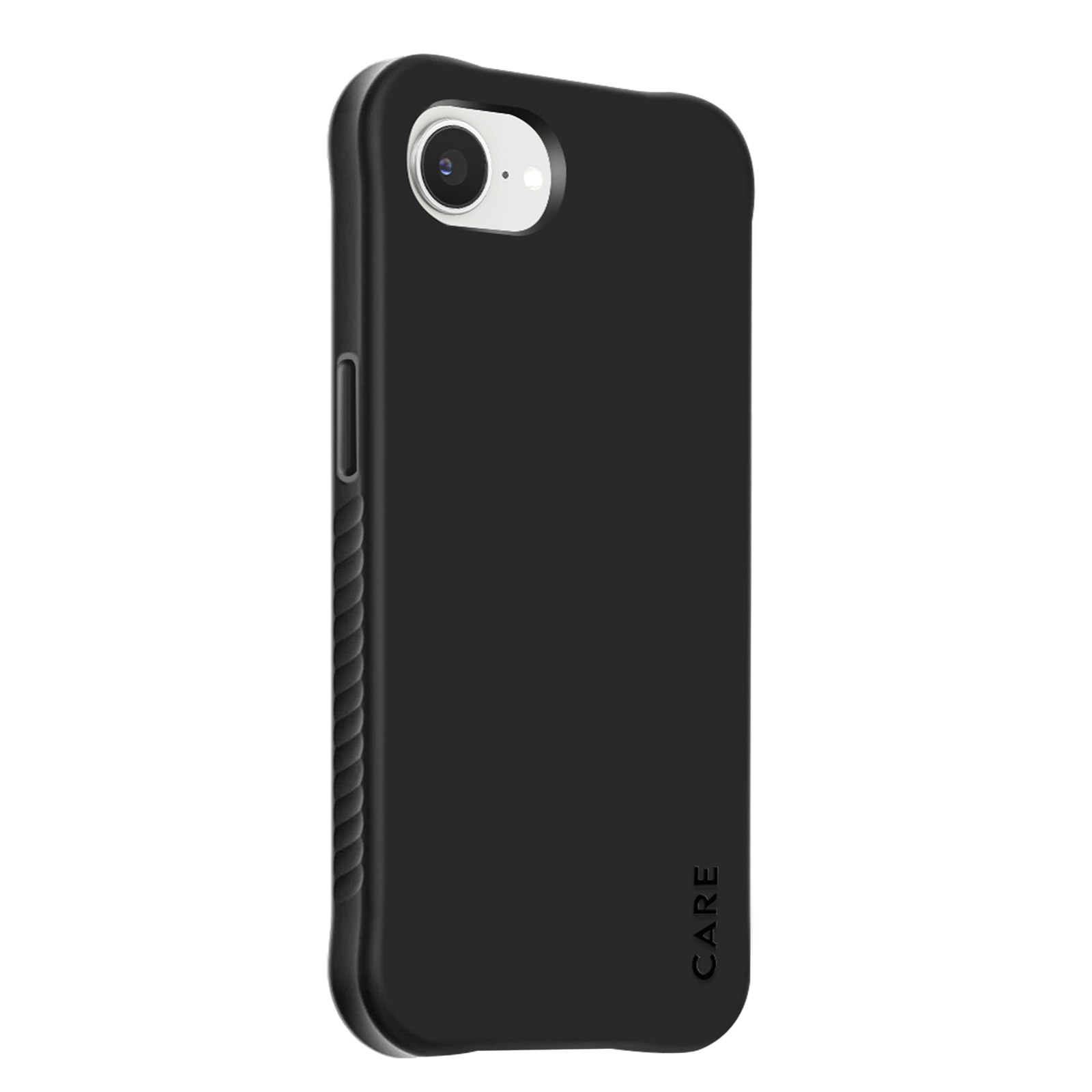 Custodia nera per telefono con ritaglio per fotocamera. La parola 'CARE' è stampata verticalmente.