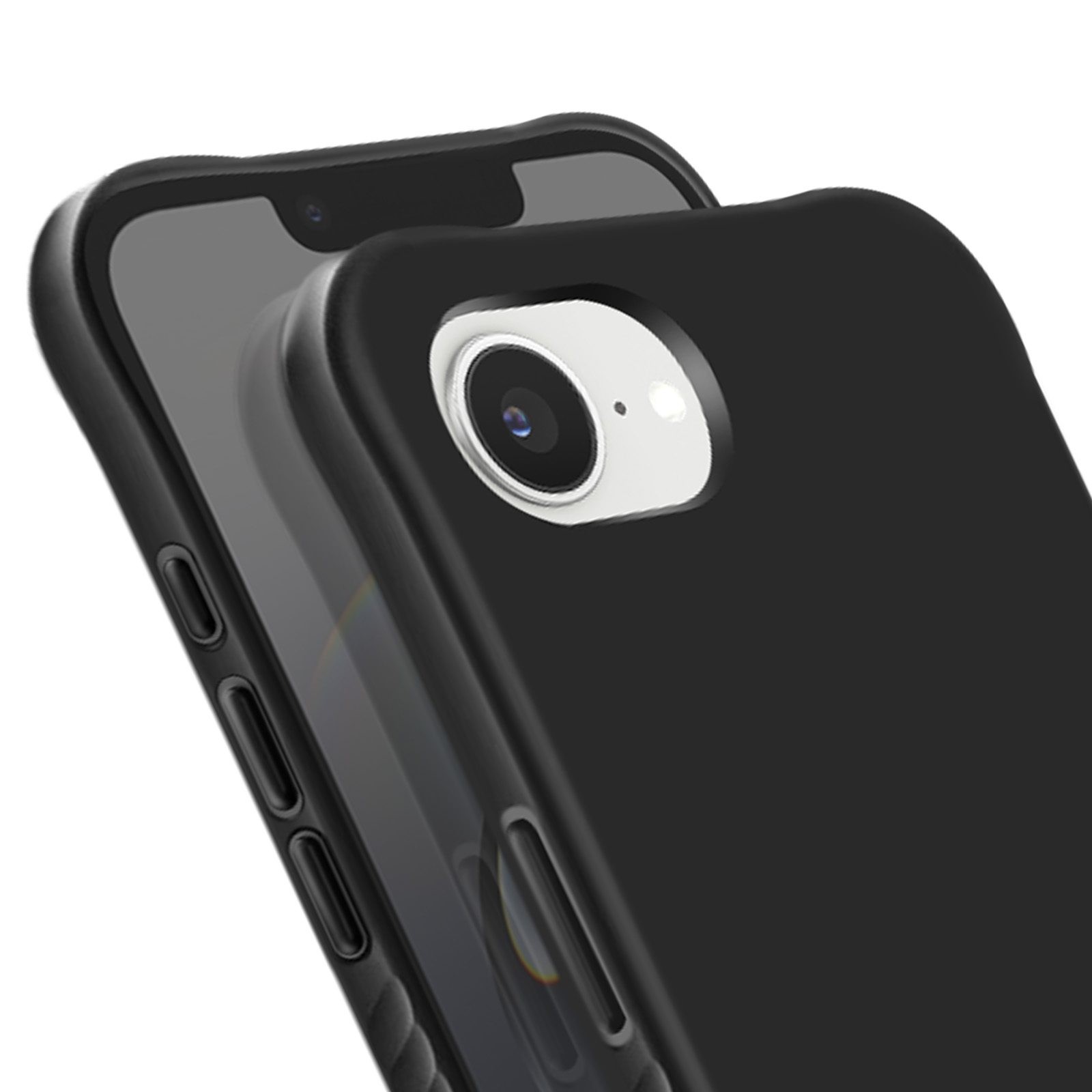 Primo piano di un telefono nero in una custodia nera. Obiettivo della fotocamera visibile. Il telefono è leggermente angolato.