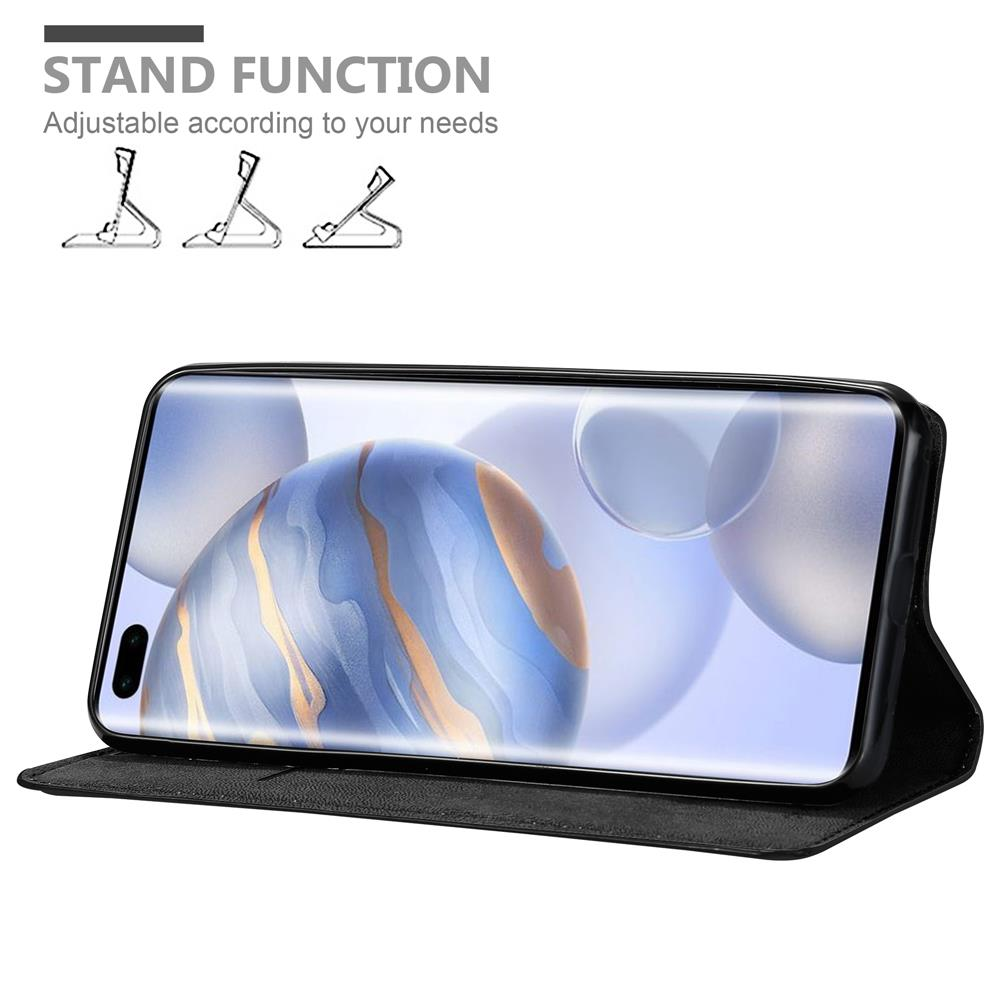 Una custodia per telefono con funzione stand. Il telefono mostra uno sfondo a motivi blu e bianchi. Il testo in alto recita 'Stand Function'.