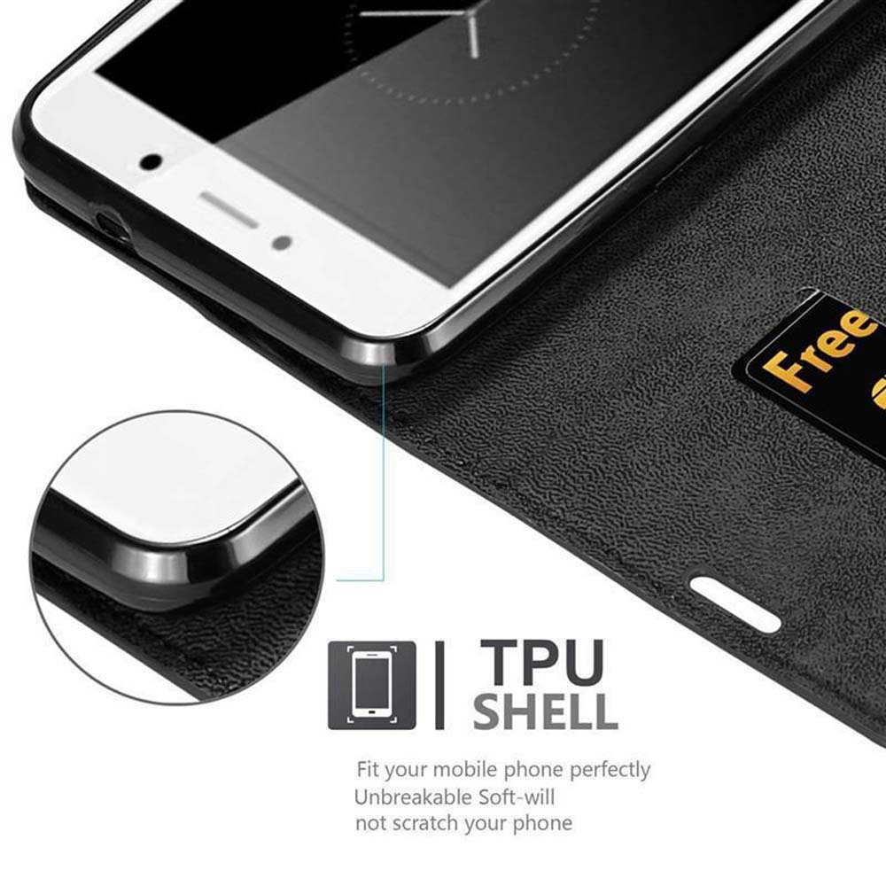 Uno smartphone in una custodia nera. La custodia ha uno slot per schede con una scheda 'Free'. L'immagine include anche il logo e il testo 'TPU SHELL'.