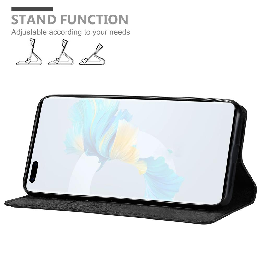 Custodia nera con telefono dentro. Lo schermo mostra un motivo blu e giallo. Viene menzionata la funzione stand.