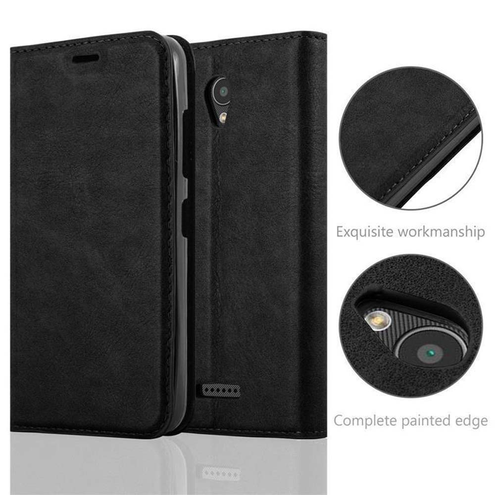 Custodia per telefono in pelle nera con cuciture intricate. Due cerchi mostrano dettagli: squisita fattura e bordo completamente verniciato.