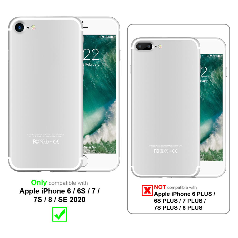 L'immagine mostra due telefoni con custodie. Il testo indica la compatibilità con modelli specifici di iPhone e una sezione 'non compatibile'.