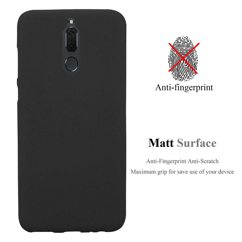 Una custodia nera per telefono con ritaglio per fotocamera, anti-impronta e superficie opaca è pubblicizzata.