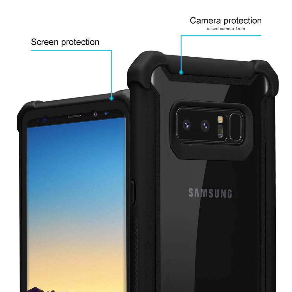 Zwei schwarze Handyhüllen mit Bildschirm- und Kameraschutz. Ein Telefon zeigt das Samsung-Logo. Anmerkungen weisen auf Merkmale hin.